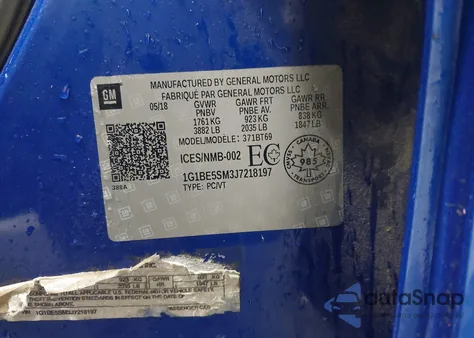 2018 Chevrolet Cruze Lt Auto из США, поврежденный, VIN 1G1BE5SM3J7218197